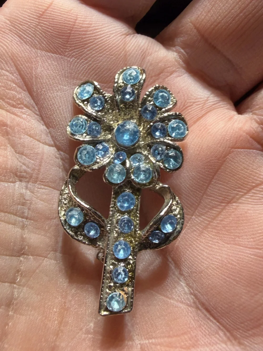Vintage Silver Tone Blue Crystal Brooch